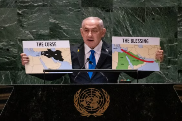 Israeli Prime Minister Benjamin Netanyahu's presentation at the United Nations included maps that depicted India as a "blessing" while labeling Iran and Iraq as a "curse"